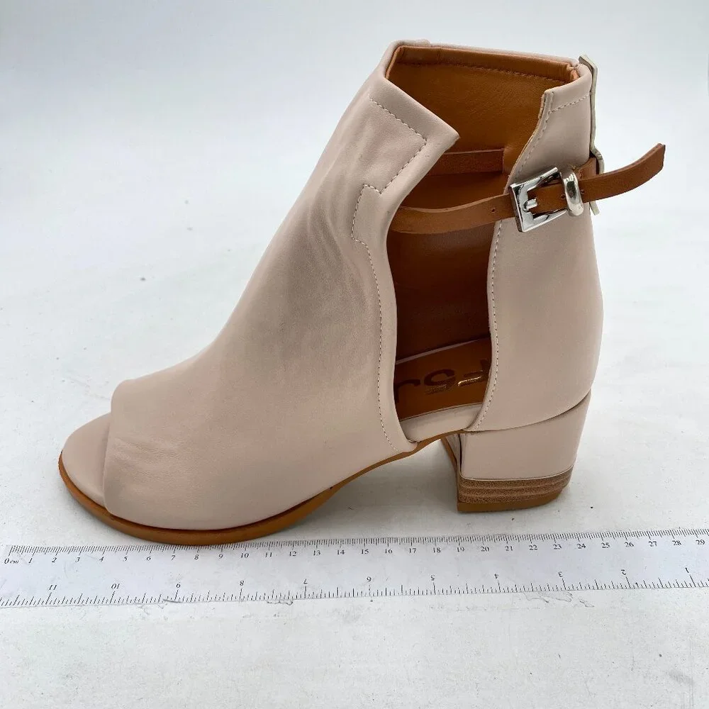 FSJ Apricot Peep Open Toe Cut Out Buckle Comfortable Block Low Heel Ankle Bootie - Picture 2 of 8